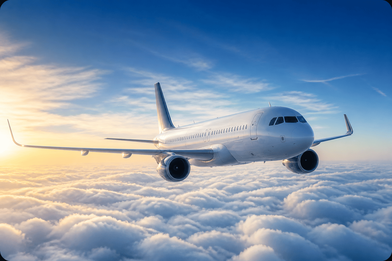 Unbranded passenger airplane flying above clouds at sunrise