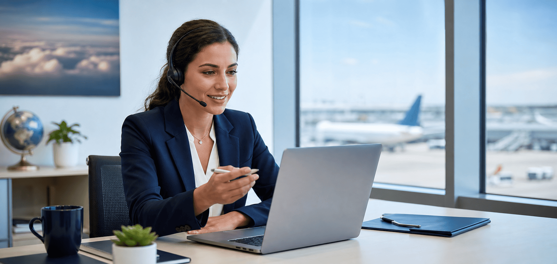 Travel reservation specialist assisting a customer by headset