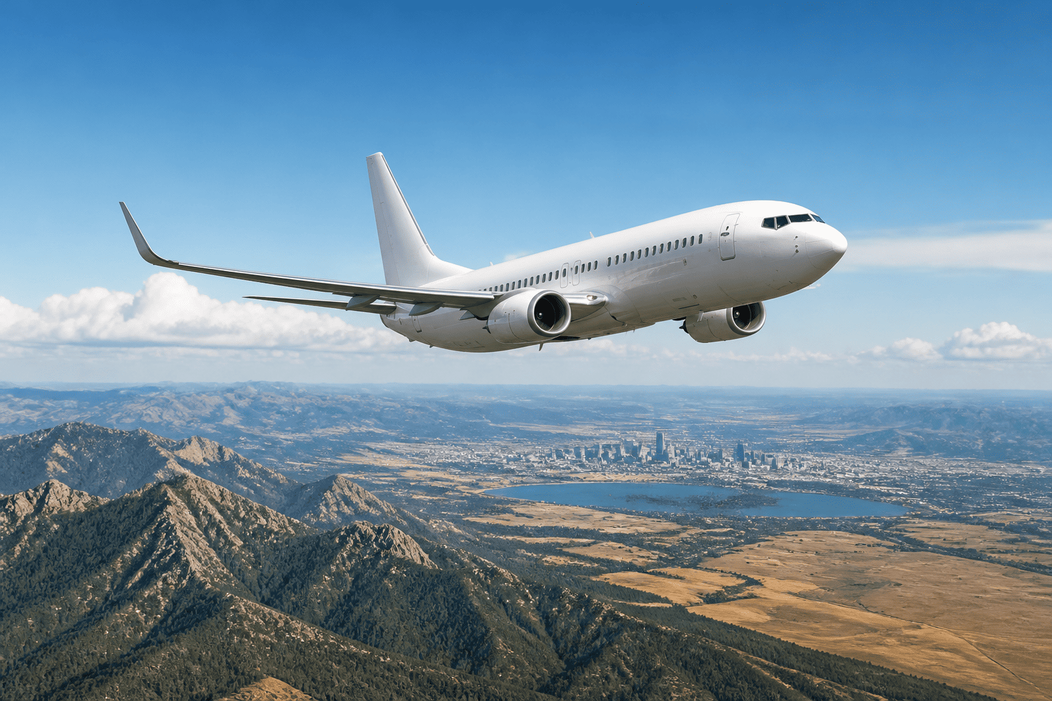 Unbranded domestic passenger airplane flying over mountains and a city