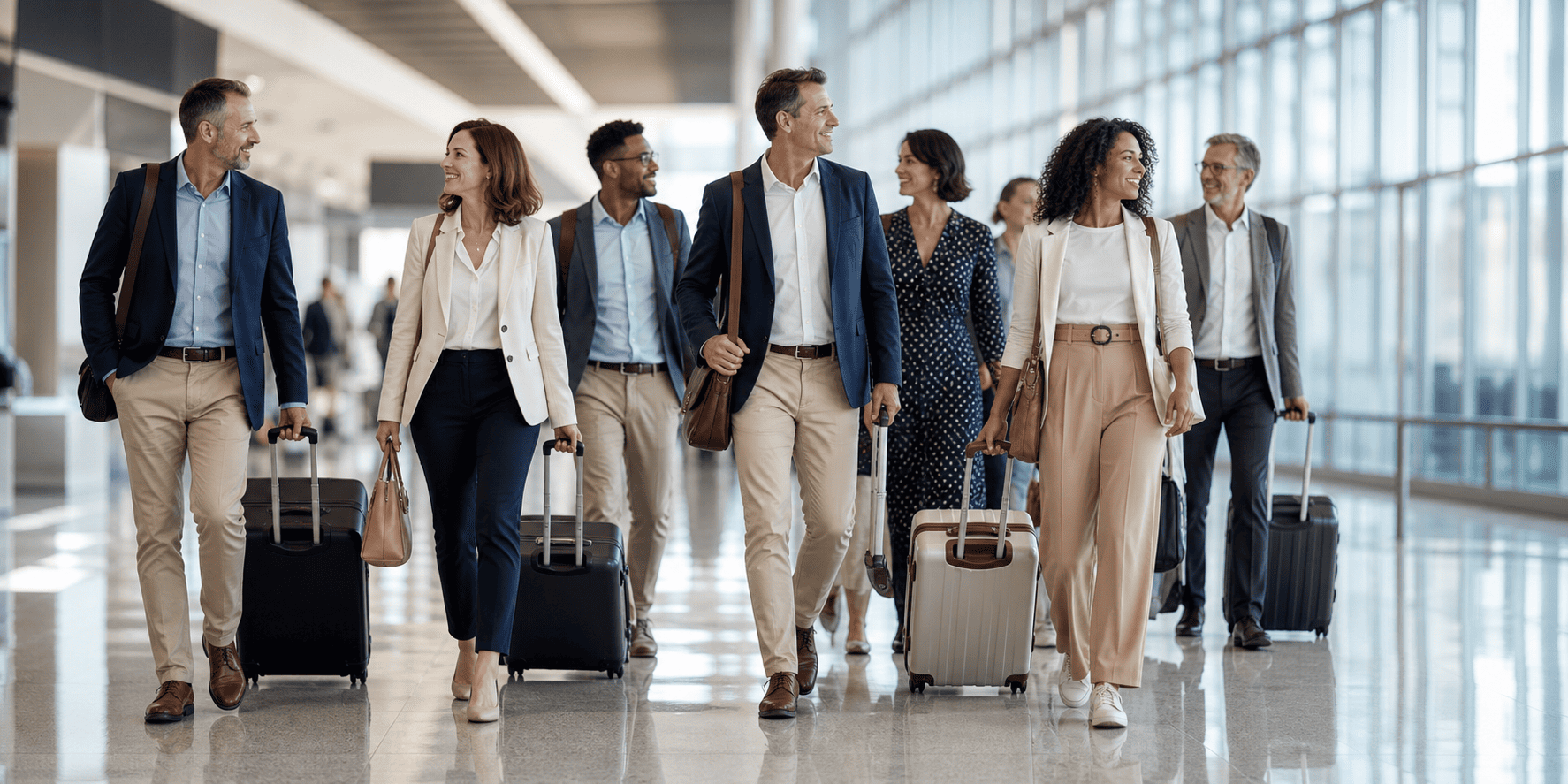 Group of adult travelers walking together through an airport