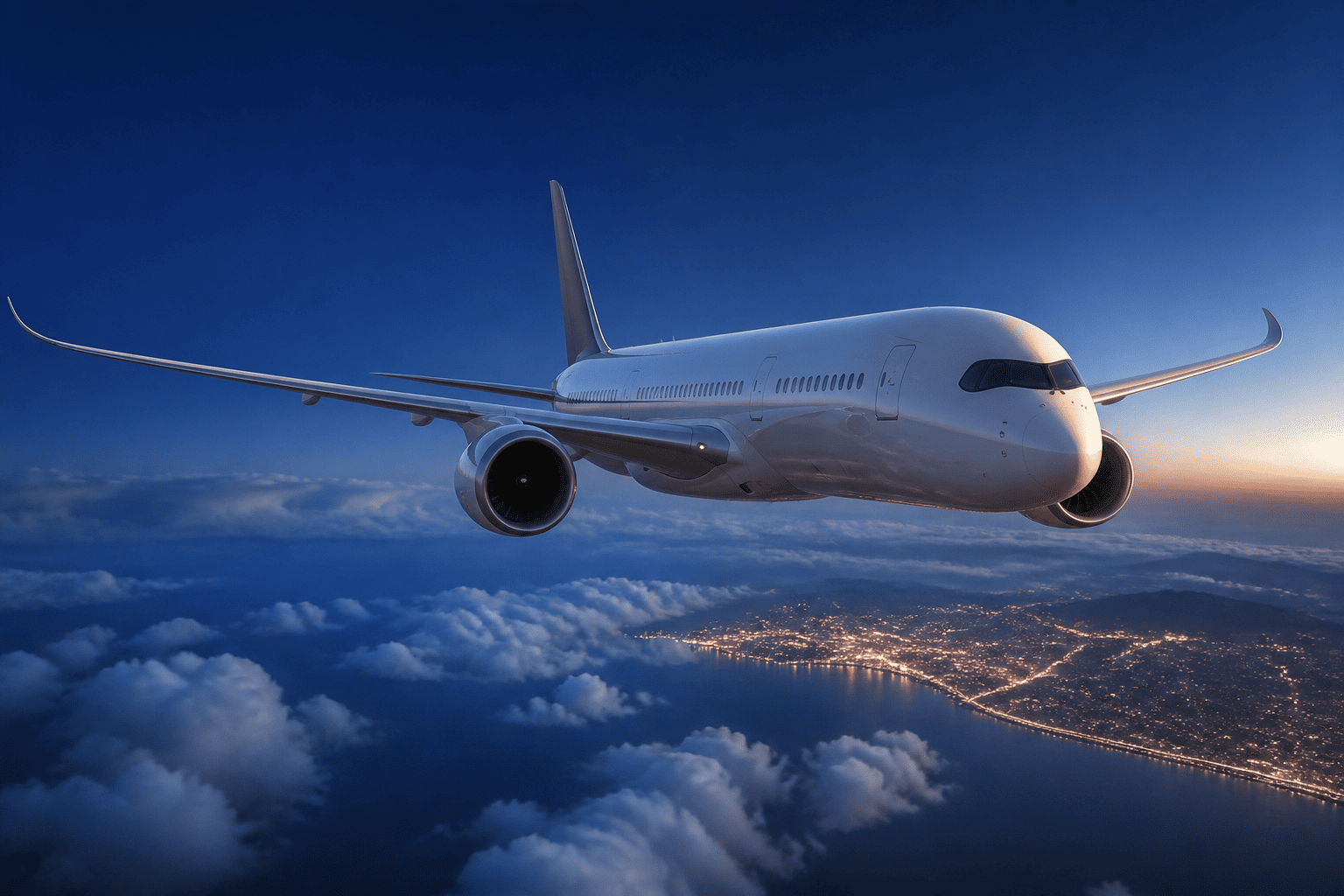 Unbranded international passenger airplane flying above a coastal city at dusk