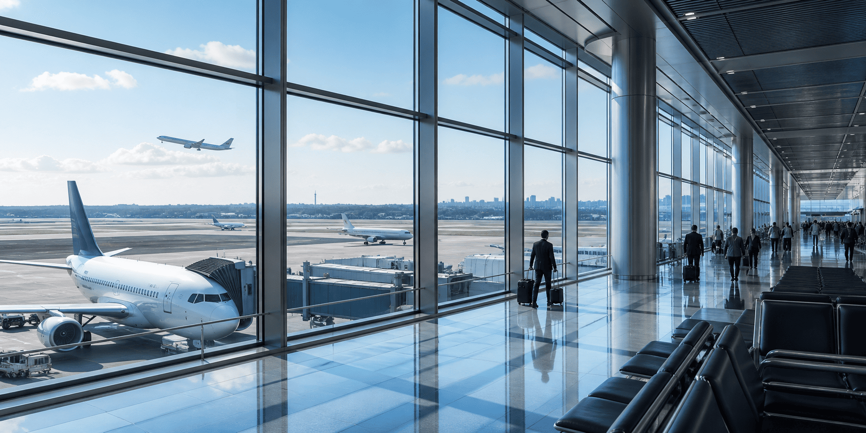 Modern airport terminal with multiple aircraft and connecting gates