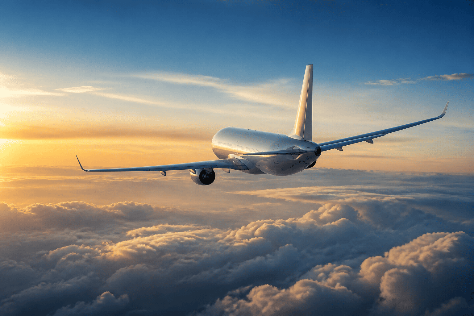 Passenger airplane banking above clouds during a warm sunset